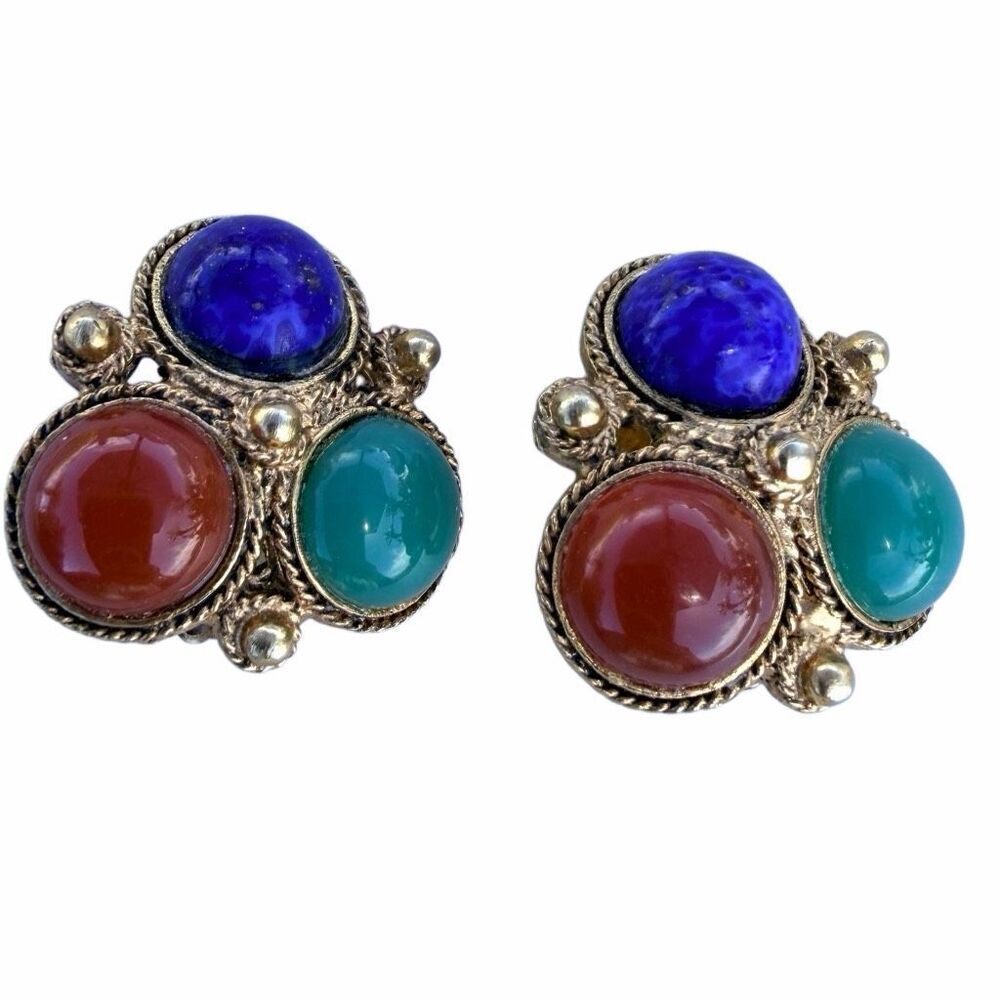 Vintage Gold Tone Multi Color Cabochon Cluster Clip On Earrings